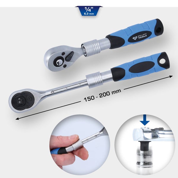 Umschaltknarre mit Teleskopauszug, 6,3 mm (1/4 Zoll), Länge 150 bis 200 mm