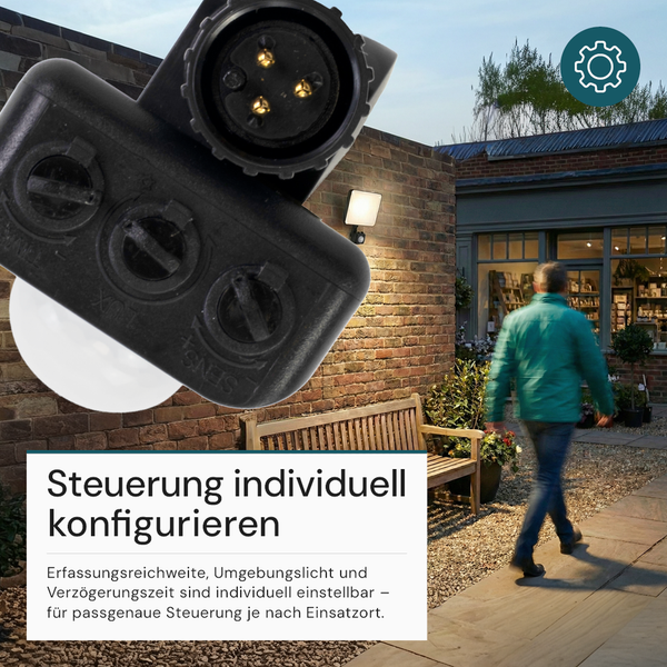 Detailaufnahme eines schwarzen Bewegungsmelders zur individuellen Steuerung einer Außenleuchte