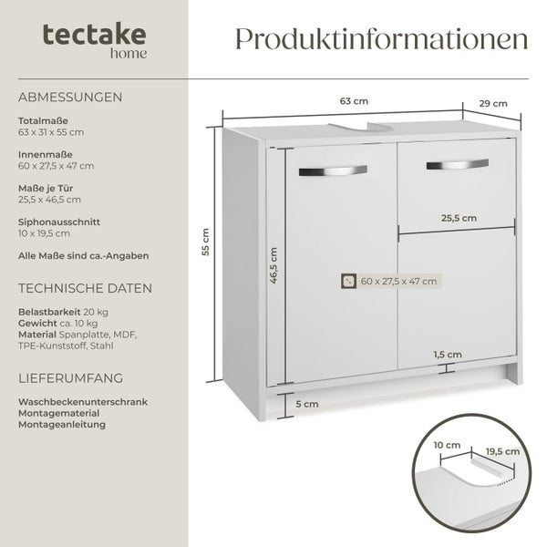 Tectake Home Waschbeckenunterschrank aus Spanplatte und MDF mit Siphonausschnitt und Maßen von 63 mal 31 mal 55 Zentimeter inklusive Anleitung.
