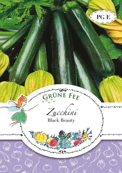 Samen für Zucchini Black Beauty der Marke Grüne Fee mit Abbildung von Zucchini und Blüten.