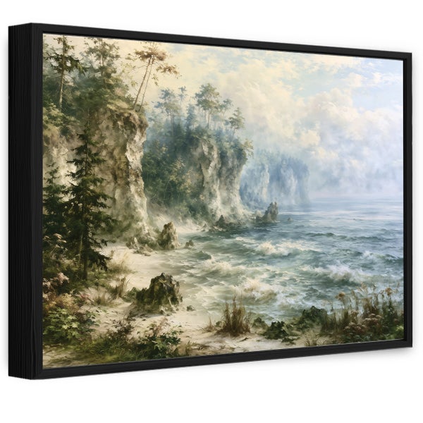 Wandbild mit Küstenlandschaft und Klippen im schwarzen Rahmen als dekoratives Kunstwerk.