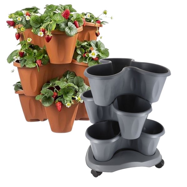 Pflanzturm Erdbeerturm Pflanzkübel auf Rollen Vertikaler Garten Kräuterspirale Säulentopf SET 3 Ebenen Kräutergarten Roller Blumentopf stapelbar terracotta
