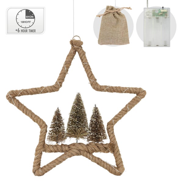 ECD Germany LED Jute Stern Ø40 cm, 50 warmweißen LEDs, Deko Weihnachtsstern mit 3 Tannen, Jutesäckchen, Batterien, Timer, Hängestern aus Seil, Lichterstern Weihnachtsbeleuchtung Weihnachtsdeko Innen