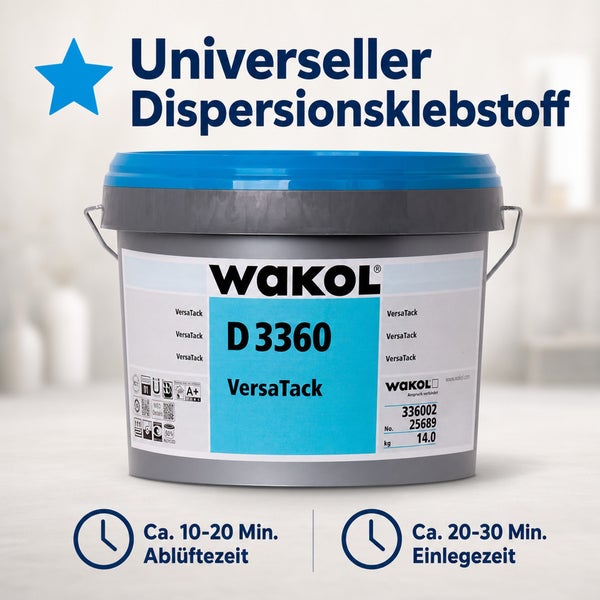 WAKOL D 3360 VersaTack Universeller Dispersionsklebstoff im 14 Kilogramm Eimer mit 10 bis 20 Minuten Ablüftezeit und 20 bis 30 Minuten Einlegezeit