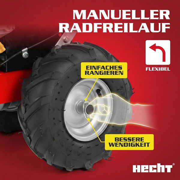 Rad eines Gartengerätes mit der Aufschrift manueller Radfreilauf für einfaches Rangieren und bessere Wendigkeit