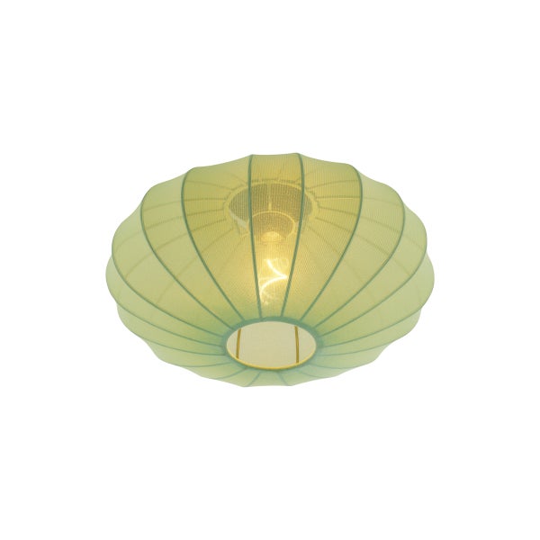 Runde Deckenleuchte mit hellgrünem, geripptem Textilschirm und eingeschaltetem Leuchtmittel.