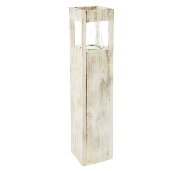 FRANK FLECHTWAREN | Windlichtsäule Shabby-Charme, groß, HOLZ, 15 x 15 x 70 cm, Glas Ø 10 x 15 cm, ohne Kerze
