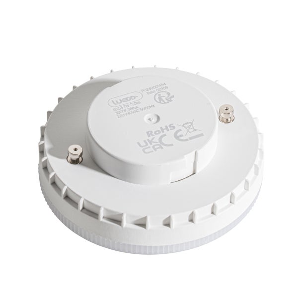 LED-Leuchtmittel mit GX53-Sockel, 7 Watt, 750 Lumen, 3000 Kelvin, flache runde Bauform mit zwei Metallstiften.