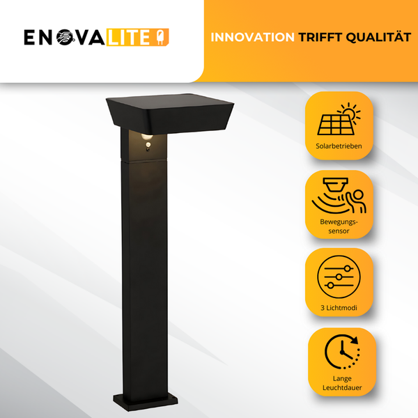 EnovaLite Logo, Innovation trifft Qualität, Solarbetrieben, Bewegungssensor, 3 Lichtmodi, Lange Leuchtdauer, schwarze Solarleuchte
