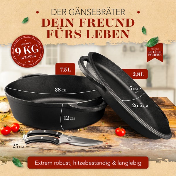 KRUSTENZAUBER 38cm Gusseisen Bräter mit Deckel backofengeeignet inkl. Geflügelschere - 9kg Gänsebräter - Idealer Topf XXL, Schmortopf Bratentopf, Induktion, Gusseisenpfanne