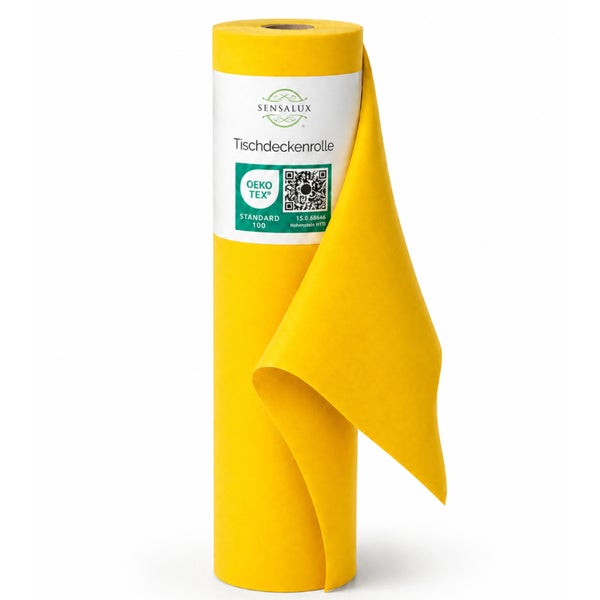 Gelbe Sensalux Tischdeckenrolle mit Oeko-Tex Standard 100 Zertifizierung.