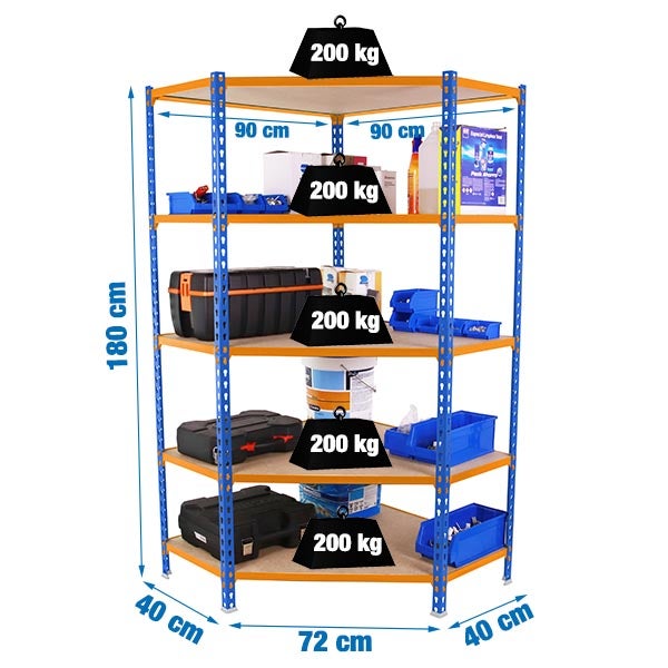 Eckregal MULI | HxBxT 180x90x40cm | 5 Fachböden | Fachlast 200kg | Blau-Orange | Lagerregal Kellerregal Werkstattregal Metallregal Fachbodenregal Steckregal