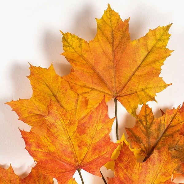 Künstliche Ahornblätter in Gelb, Orange und Rot für herbstliche Dekorationen.