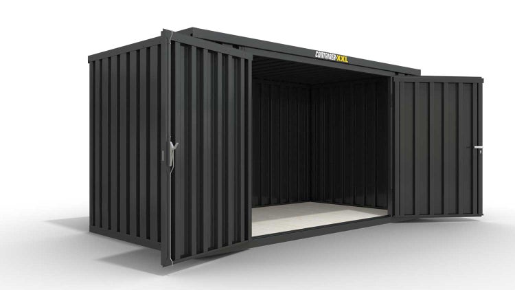 Lagercontainer Gerätehaus XL  – 10 qm, H2150 x B5080 x T2170 mm, Außenwandlackierung anthrazit, Dach außen verzinkt, mit Holzfußboden, 2750 mm Doppelflügeltür mittig in Breitseite, montiert