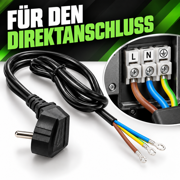Elektrokabel mit Schutzkontaktstecker für den Direktanschluss an eine Lüsterklemme mit Kennzeichnung für Phase, Neutralleiter und Schutzleiter.