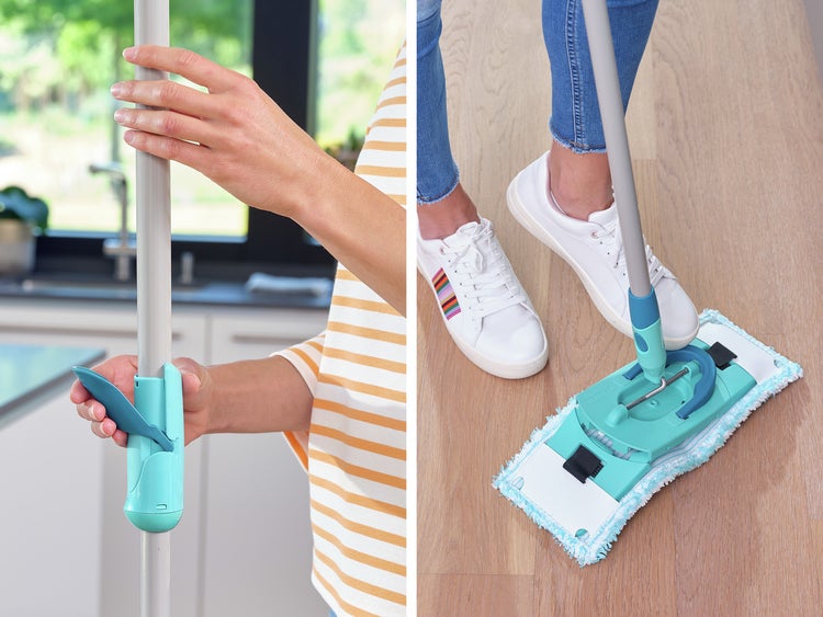 Leifheit Set Clean Twist M Flachwischer Ergo 2.0 mit Rollen, Bodenwischer mit Supersoft Bezug für nebelfeuchte Reinigung auf Parkett, Laminat & Echtholz, Mop mit Click-System und Schleudertechnologie