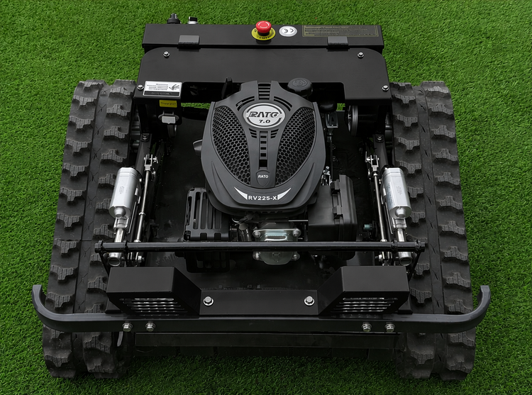 Ferngesteuerter Böschungsmäher mit Raupenantrieb, Rato RV225-X Motor, Not-Aus-Schalter und Scheinwerfern.