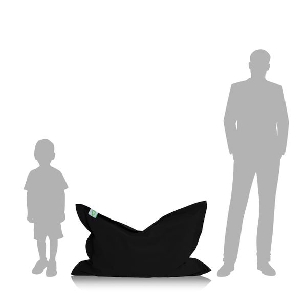 Schwarzer Sitzsack mit Größenvergleich zu Erwachsenen- und Kindersilhouette