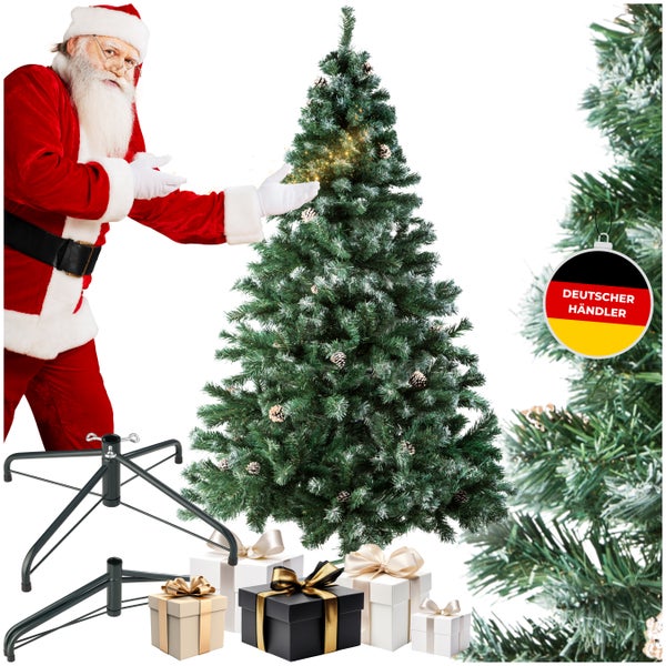 Weihnachtsbaum mit Baumständer und Geschenken, präsentiert von Weihnachtsmann mit Siegel Deutscher Händler
