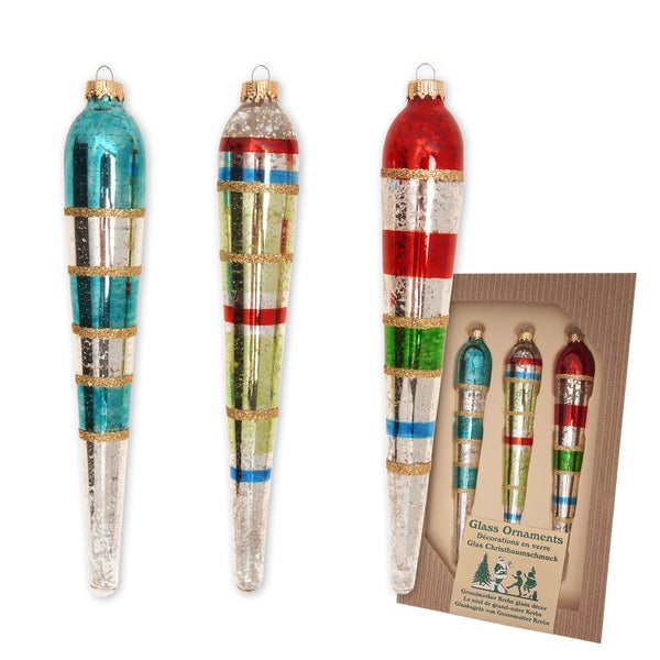 Drei Glas Christbaumschmuck Zapfen mit Streifen und Verpackung