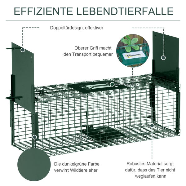 Outsunny Lebendfalle, Marderfalle mit Doppeltür, Griff, 60 x 18 x 20 cm, Stahl, Dunkelgrün