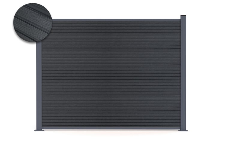 WPC Sichtschutzzaun Element mit Lamellenstruktur zwischen zwei Pfosten inklusive Detailausschnitt der Oberfläche