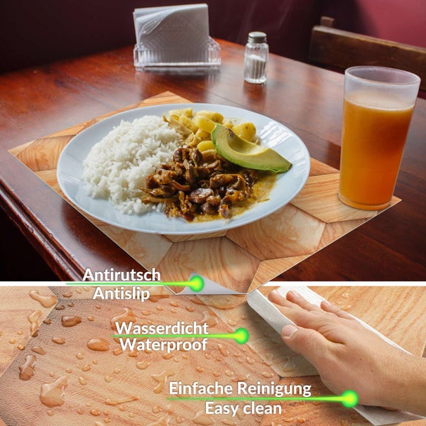 Platzset mit Holzoptik-Dekor, wasserdicht, rutschfest und leicht zu reinigen auf einem Esstisch.