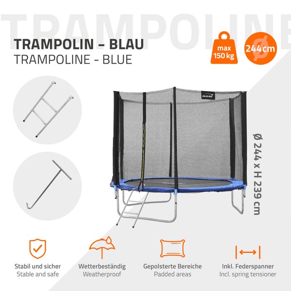 Hauki Trampolin Outdoor, Ø244 cm, Blau, GS geprüft, Rundes Gartentrampolin für Kinder bis 150 kg, Komplettset mit Sicherheitsnetz, Leiter, Randabdeckung, Gepolsterte Stangen, Stabile Kindertrampolin