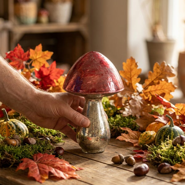 Dekorativer Pilz aus Glas in glänzender Optik als herbstliche Tischdekoration mit Blättern und Kürbissen auf einem Holztisch