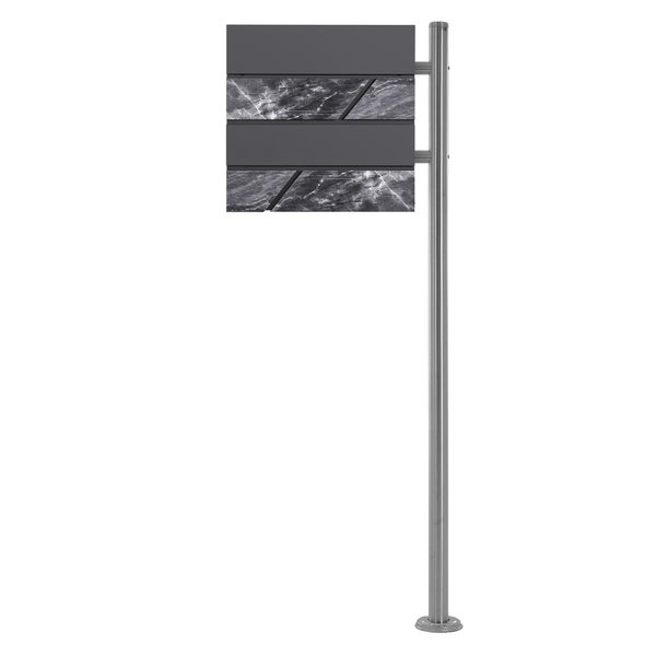 ECD Germany Standbriefkasten mit Zeitungsfach, Design Briefkasten mit Pfosten, Briefkastenanlage, Briefkastenständer 120 cm Silber Edelstahl, Postkasten 37x36,5 cm Anthrazit Schwarz–Marmoroptik Stahl
