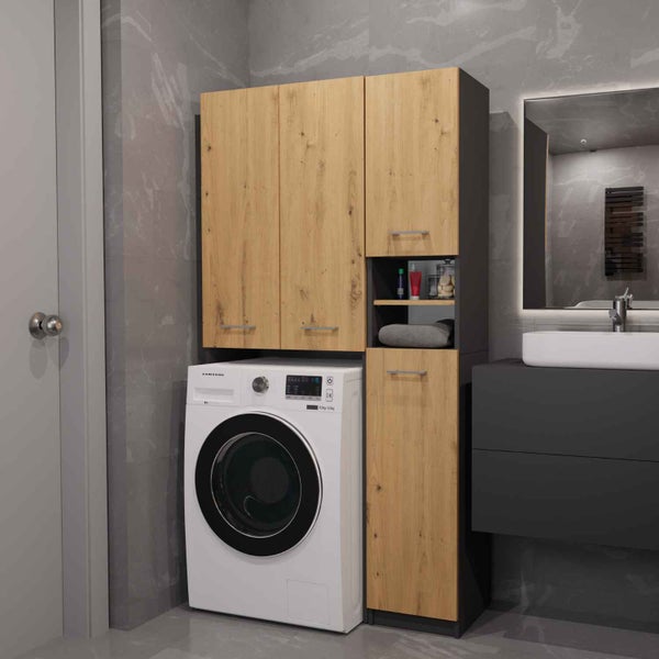 Badezimmer mit Waschmaschine, Waschbeckenunterschrank und Hängeschrank im modernen Design