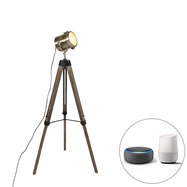 Stehleuchte in Scheinwerferoptik mit Holzstativgestell und zwei smarten Lautsprechern als Zubehör