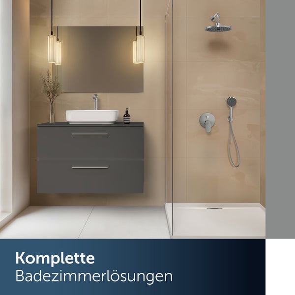 Modernes Badezimmer mit Waschtisch, Spiegel und Dusche