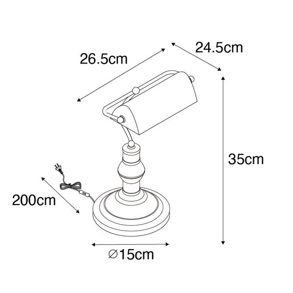 Technische Zeichnung einer Schreibtischlampe mit Maßangaben