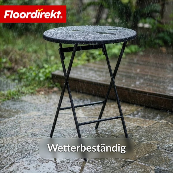 Schwarzer, wetterbeständiger Bistrotisch im Freien im Regen