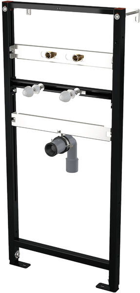 Vorwandelement für Waschtisch mit schwarzem Metallrahmen, Wasseranschlüssen und Abflussrohr.