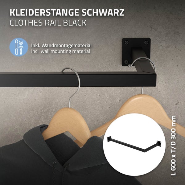ML-Design Kleiderstange Übereck für die Wand, T30cm x B60cm, Schwarz, aus Stahl, rostfrei, Garderobenstange L-Form, Kleiderständer Wandmontage, Kleidergestell Garderobenhalter, inkl. Montagematerial