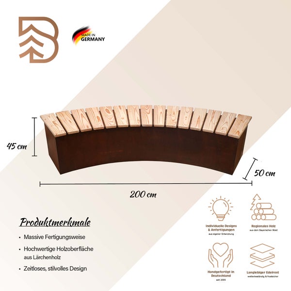 Gebogene Gartenbank aus Edelrost und Lärchenholz, Maße 200 mal 45 mal 50 Zentimeter. Massiv, handgefertigt in Deutschland, regionales Holz aus Bayern.