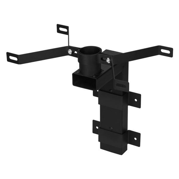 Schwarze Wandhalterung aus Metall für Schornsteinrohre mit verstellbaren Armen.
