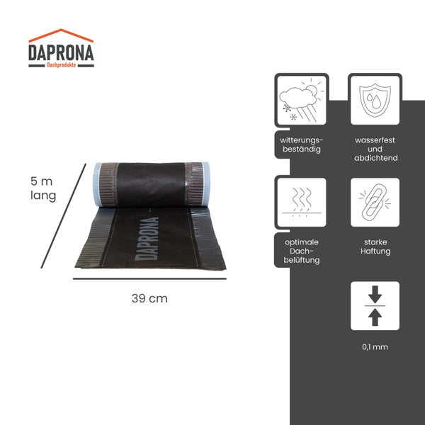 Daprona Logo. Daprona Firstband, 5 Meter lang, 39 Zentimeter breit. Wetterfest, wasserdicht, belüftend, starke Haftung, 0,1 Millimeter dick.