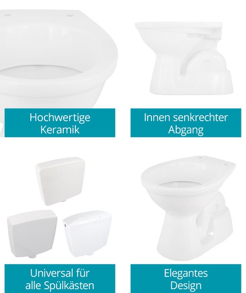 Calmwaters® Universal Stand WC mit senkrechtem Abgang, Tiefspüler Weiß, Toilette mit Spülrand, hochwertige Sanitärkeramik, Standard-Form, WC Bodenabfluss, 07AB2267
