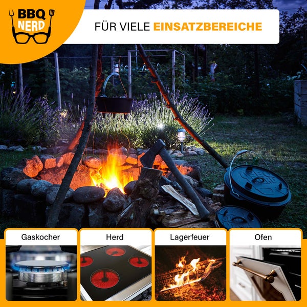 BBQ-Nerd Dutch Oven Professional 7,3L mit Füßen | bereits eingebrannt - preseasoned | Gusseisen Feuertopf mit Deckel und integr. Bratpfanne | Feuerfester Grill & Camping Kochtopf inkl. Deckelheber