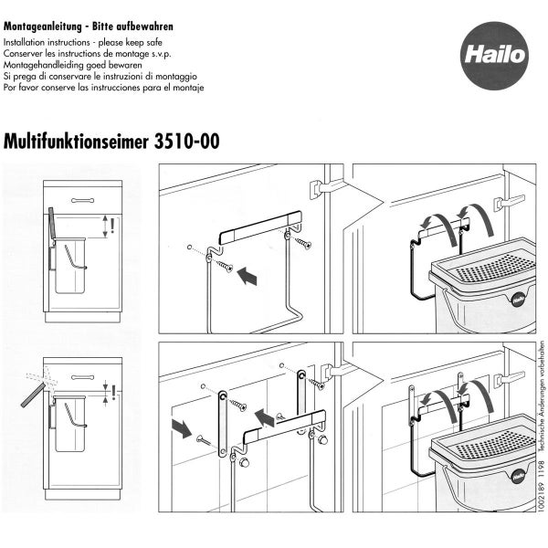 Montageanleitung für den Hailo Multifunktionseimer 3510-00 mit technischen Zeichnungen zur Befestigung an einer Schranktür.