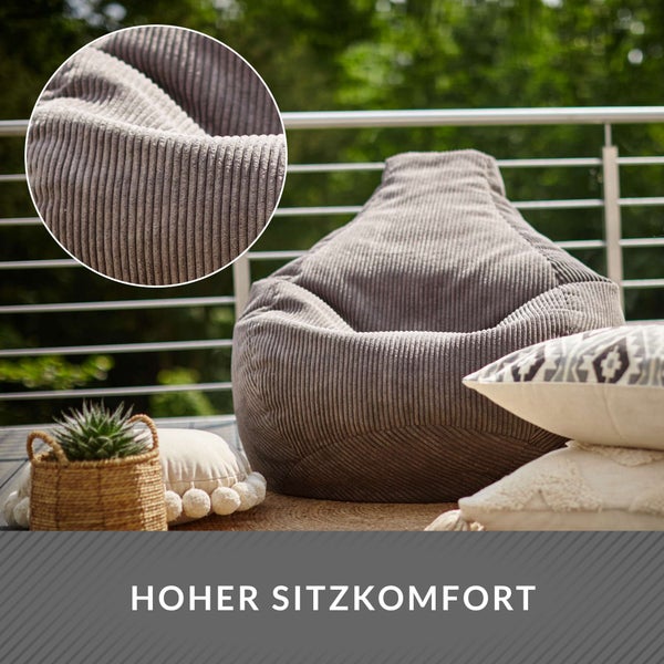 Green Bean Sitzsack mit Rückenlehne 80x80x90cm - Gaming Chair mit 230L Füllung Cordstoff - Bean Bag Bodenkissen Lounge Sitzhocker Relax-Sessel Gamer Gamingstuhl Dunkelgrau