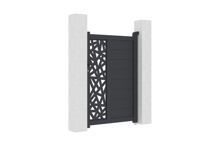 Modernes Gartentor aus Metall mit dekorativem Muster und horizontalen Lamellen zwischen zwei Pfosten.