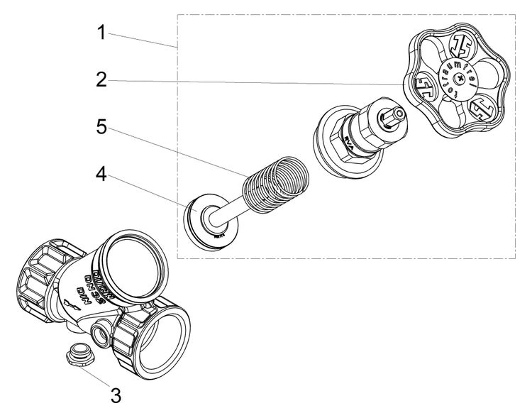 Explosionszeichnung einer Ventilbaugruppe mit nummerierten Einzelteilen wie Handrad, Ventilspindel, Feder und Ventilgehäuse.