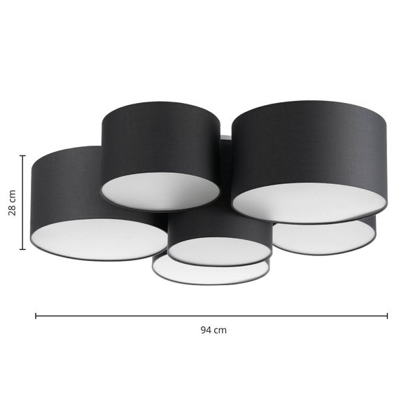 Deckenleuchte mit sechs Textilschirmen in Schwarz und Weiß, Breite 94 Zentimeter, Höhe 28 Zentimeter.