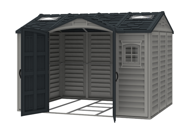 Kunststoff-Gerätehaus mit Satteldach, Doppeltür, Seitenfenster, Oberlichtern und Bodenrahmen in Grau und Anthrazit.