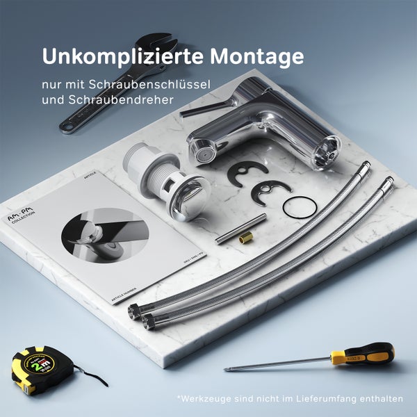 Waschtischarmatur Set mit Ablaufgarnitur, Anschlussschläuchen und Montageanleitung auf einer Steinplatte, Werkzeuge separat dargestellt.