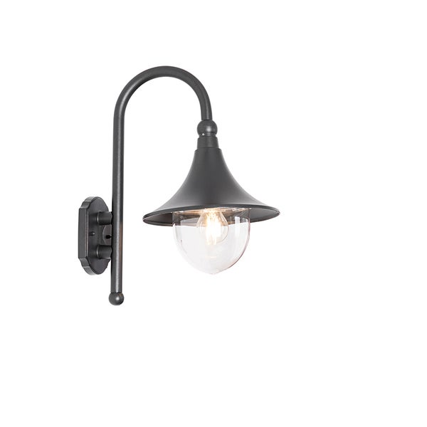 Schwarze Außenwandleuchte mit gebogenem Arm, kegelförmigem Schirm und Diffusor aus klarem Glas.